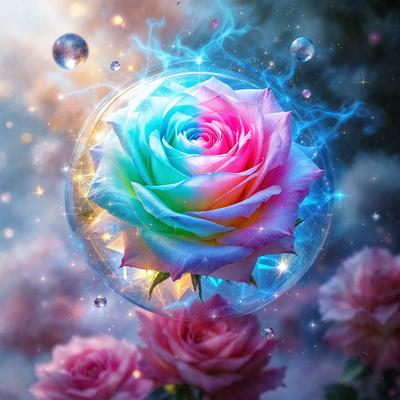 The primary subject of the image is a colorful rose, which is the main focus of the scene. The rose is surrounded by a beautiful and vibrant background, featuring a blue and pink color palette. The visual style of the image is a combination of photo and digital art, creating a unique and eye-catching representation of the rose. The overall atmosphere of the image is lively and captivating, with the rose as the central point of interest.